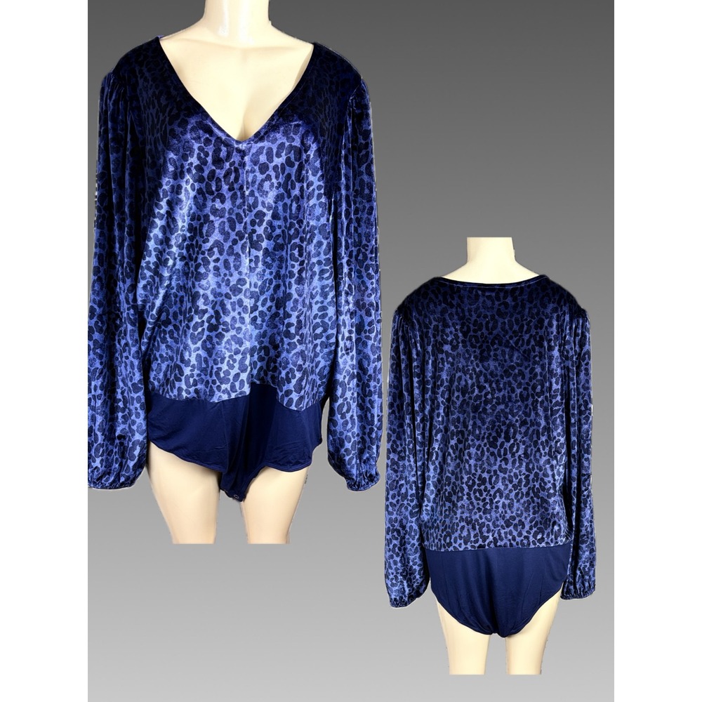 Torrid Blue Leopard Animal Print Velvet Long Sleeve Bodysuit Deep V-Neckline +4X